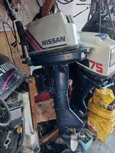 Load image into Gallery viewer, 8 hp Nissan two stroke 20 inch Tiller outboard 150 lbs compression on both cylinders
